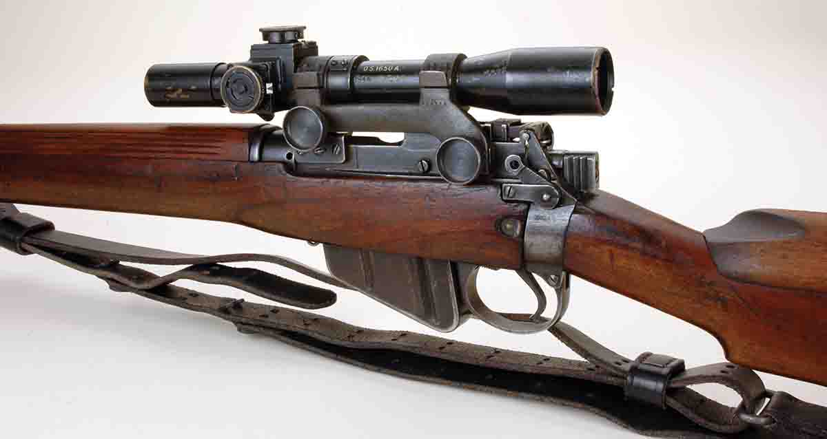 This view of the British No. 4 Mk I 303 sniper rifle shows the cast iron mounts and large thumb screws. These must be tightened periodically.